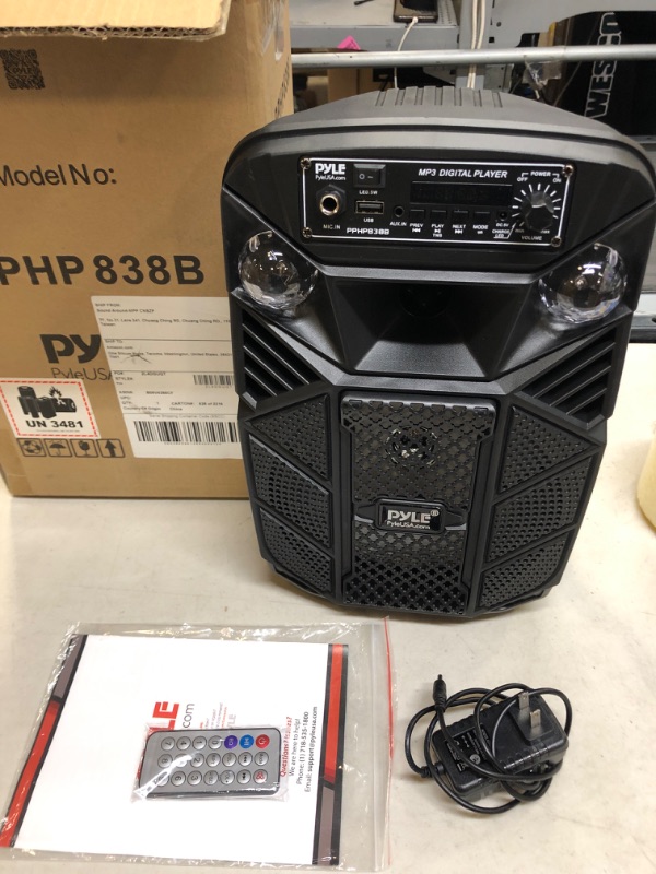 Photo 2 of Portable Bluetooth PA Speaker System - 300W Rechargeable Outdoor Bluetooth Speaker Portable PA System w/ 8” Subwoofer 1” Tweeter, Microphone in, MP3/USB, Radio, Remote - Pyle PPHP838B, Black