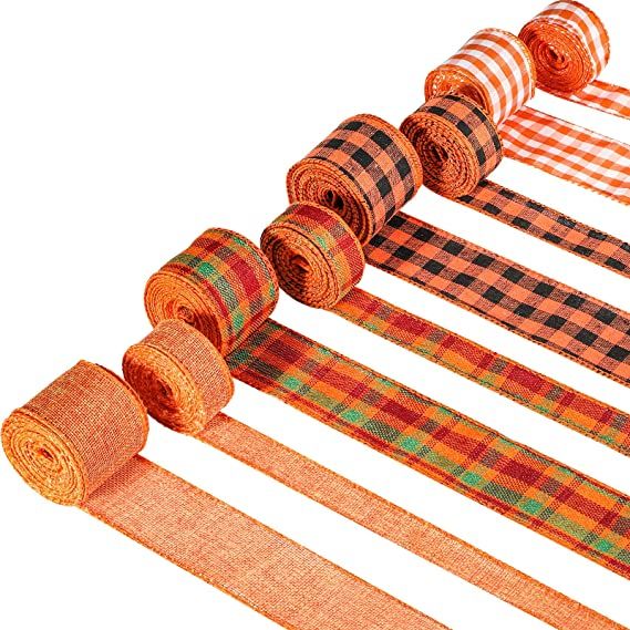 Photo 1 of 8 Rolls 40 Yards Fall Plaid Ribbon Thanksgiving Wired Edge Ribbon Wired Wrapping Ribbon Multi-Color Plaid Ribbon for Fall Thanksgiving Flora Wreath, 2 Inch, 1 Inch (Simple Style)

