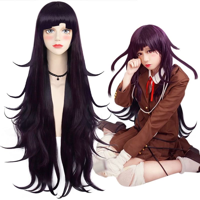 Photo 1 of ANOGOL Wig Cap+ Dark Purple Wig Long Wavy Cosplay Wig with Bangs for Japanese Anime Long Purple costume Wig for Halloween Christmas Party
