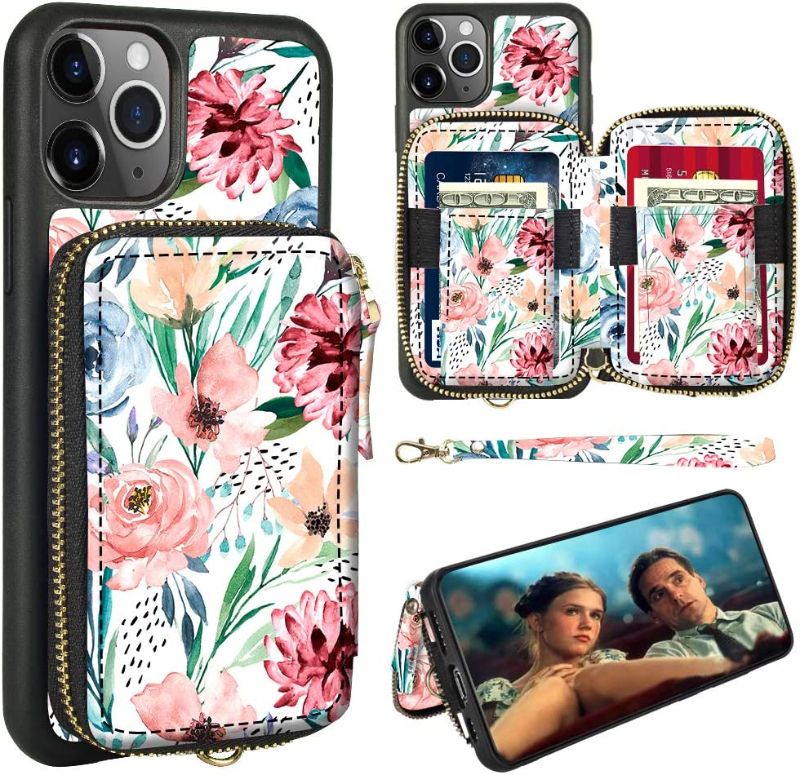 Photo 1 of ZVE iPhone 12 Pro Max Floral Print Case with Zipper Card Holder Slot Wrist Strap Women Handbag Protective Case Design for 2020 iPhone 12 Pro Max, 6.7 inch, 5G - Flower 01

