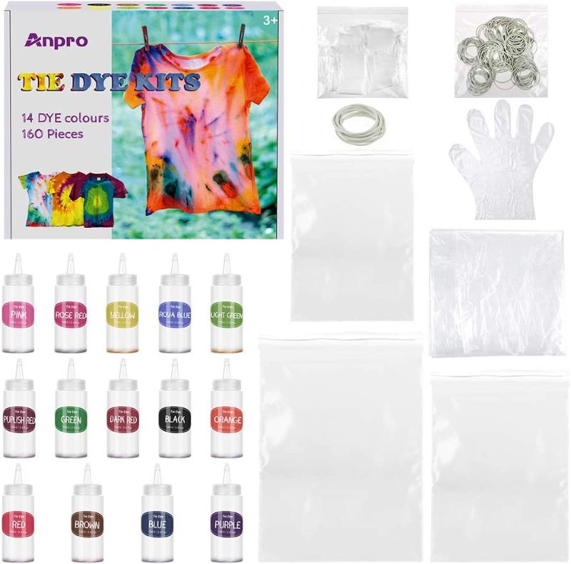 Photo 1 of Anpro160PCS Tie-dye DIY Kit (100ml per Bottle), 14 Colours Permanent All-in-1 Tie Dye kit with 120PCS Rubber Bands, Gloves, Apron and Table Covers for Craft Arts Fabric Textile Party DIY Handmade ** FACTORY SEALED 
