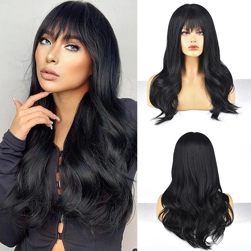 Photo 1 of Black Long Wavy Wigs with Bangs, Synthetic Natural Black Wig with Bangs for Women, Wispy Bangs Wig with Simulation Scalp, Elastic Net, Adjustable Straps Natural Looking Wigs for Daily Party Wear
