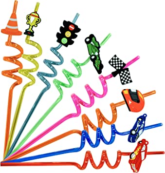 Photo 1 of 24Pack Hotwheels Reusable Party Favors Straws for Birthday Party Supplies, Cartoon Themed Plastic Rainbow Drinking Straws with 2 PCS Straws Cleaning Brush