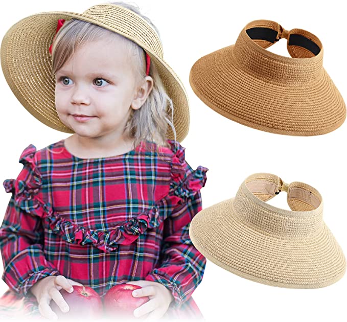 Photo 1 of 2 Pack Kids Visor Roll Sun Visor Hat Wide Straw Teens Beach Hat with Bow Foldable Straw Sun Summer Spring Caps for Kids
