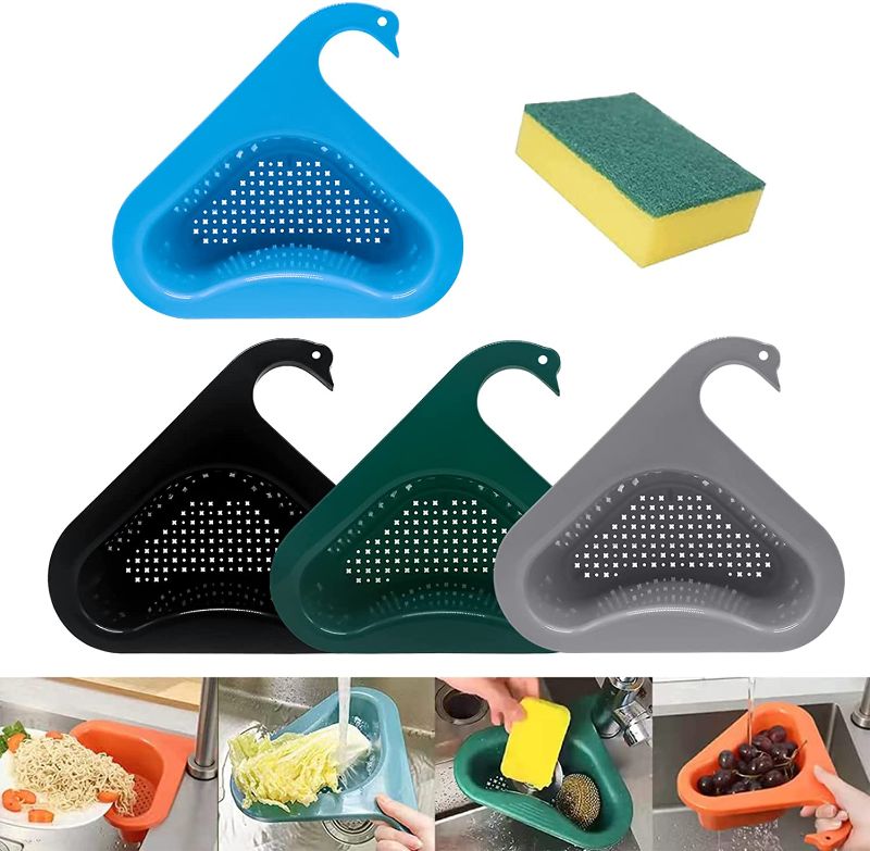 Photo 1 of 4pcs Swan Shape Sink Basket, Multifunctional Kitchen Triangular Sink Storage Filter with Sponge, Hanging Punch-free Sink Drain Strainer Basket Fits Kitchen All Sinks (color2)
