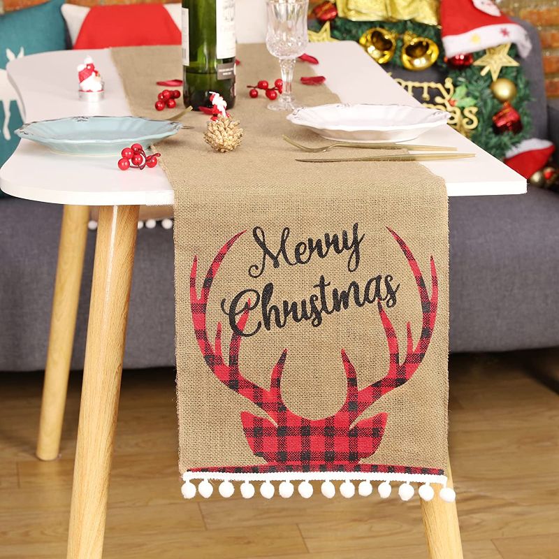 Photo 1 of Ameter Christmas Table Runner 108 Inches Burlap, Farmhouse Rustic Deer Head Xmas Table Runner Holiday Home Party Decor, Winter Indoor Outdoor Christmas Decor
