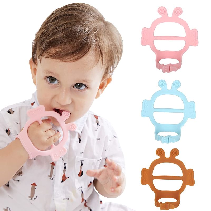 Photo 1 of Adjustable Baby Wrist Teethers for Babies Never Drop Silicone Baby Teething Toys for 0 6 12 Months Infants Toddlers Baby Chew Toys for Sucking Needs (Bee-Pink+Brown+Blue)
