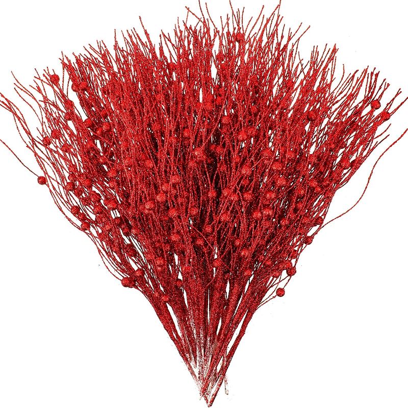 Photo 1 of 40 Pcs 15 Inch Christmas Glitter Picks Sprays Christmas Glitter Berries Stems Artificial Pick Berry Sprays Stem Ornaments Glittery Twigs Tree Picks Branches Wreath Wispy Willow for Crafts (Red)
