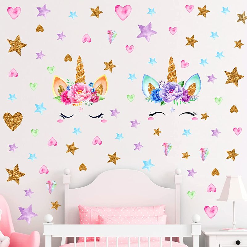 Photo 1 of 3 Sheets Unicorn Wall Decals Unicorn Rainbow Wall Decals Sticker Decor for Girls Kids Bedroom Nursery Christmas Birthday Party Decoration- 2 PACK 

