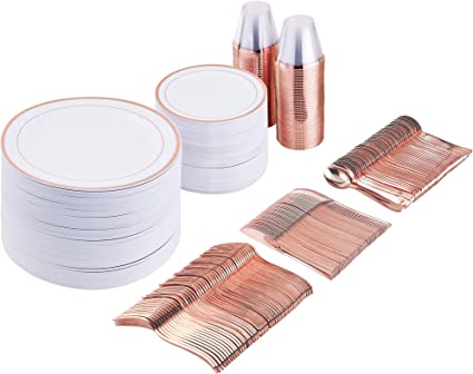 Photo 1 of 600 Piece Rose Gold Dinnerware Set–200 Gold Plastic Plates–Set of 300 Rose Gold Plastic Silverware–100 Gold Plastic Cups–Disposable Gold Plastic Dinnerware Set for Party or Wedding(100 Guests)