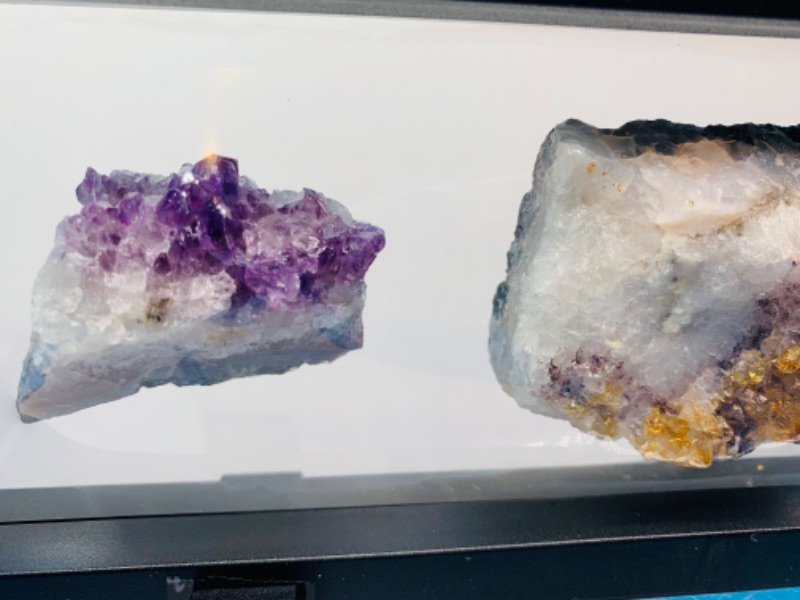 Photo 2 of 665522…3 amethyst, celestite, and crystal geode formations in 9 x 4” display 