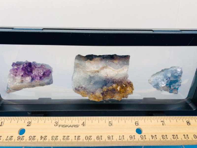 Photo 1 of 665522…3 amethyst, celestite, and crystal geode formations in 9 x 4” display 