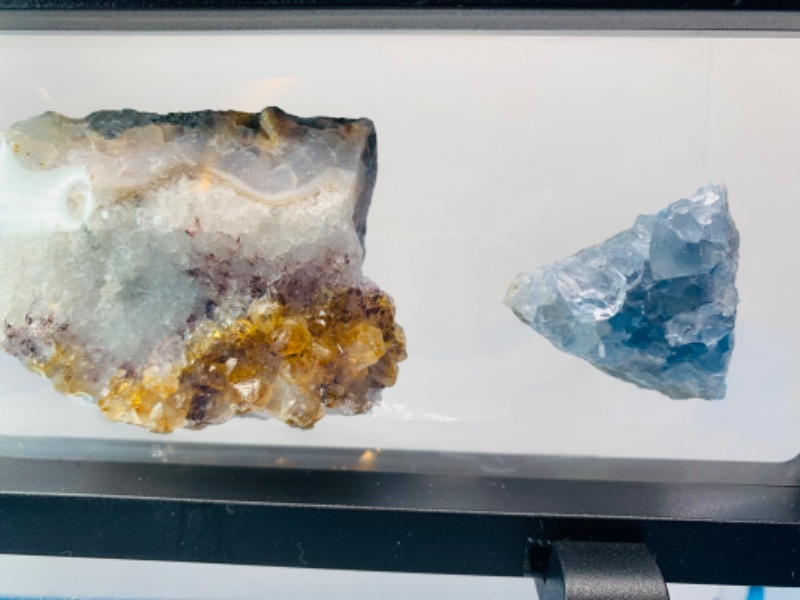 Photo 3 of 665522…3 amethyst, celestite, and crystal geode formations in 9 x 4” display 