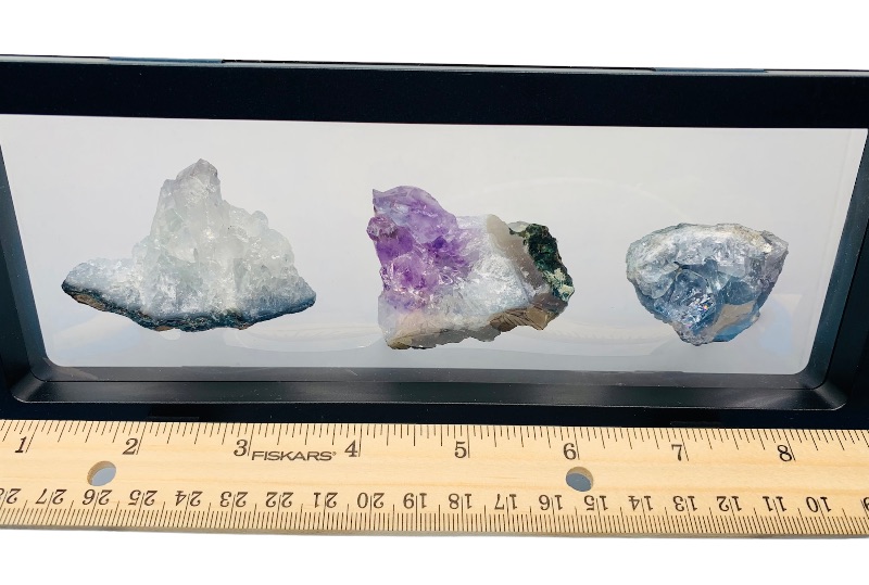 Photo 1 of 665535…3 amethyst, crystal, and celestite rock formations in 9 x 4” display 