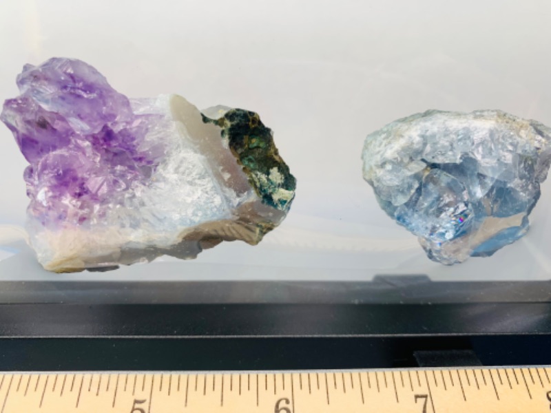 Photo 2 of 665535…3 amethyst, crystal, and celestite rock formations in 9 x 4” display 
