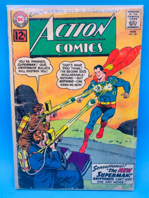 Photo 6 of 665798…condition issues $.12 cent Action comics #291- cracks, wear, bends- in plastic sleeve 