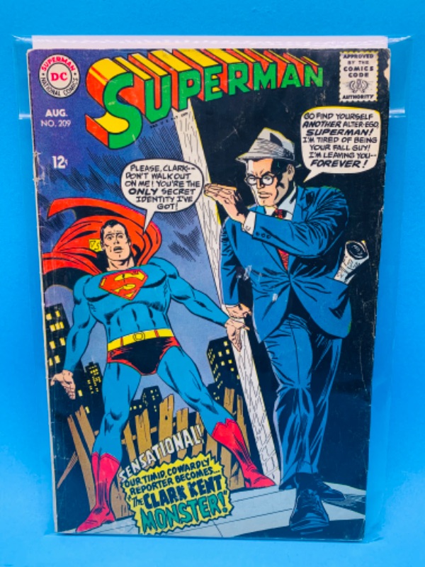 Photo 1 of 665800…condition issues $.12 cent Superman comic #209- wear, cracks, bends in plastic sleeve 