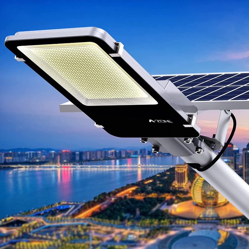 Photo 1 of 1pc--A-ZONE 1200W Solar Street Lights Outdoor, 100000LM High Brightness Dusk to Dawn LED Lamp, with Remote Control, IP66 Waterproof for Parking Lot, Yard, Garden, Patio, Stadium, Plaza 
