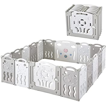 Photo 1 of Albott Baby Fence Kid Playpen 18 Panel Albott Play Yard - Foldable Kids Safety Activity Center Playard Safety Lock Gate,Adjustable Shape, Portable Design for Indoor Outdoor Use (18 Panel, Grey+White)
