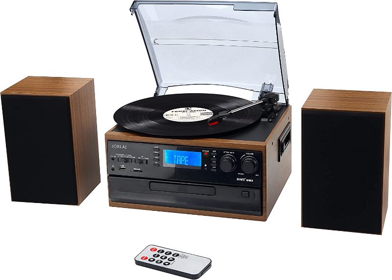 Photo 1 of Jorlai Vinyl Multifunction Record Player Bluetooth Vintage Turntable 3-Speed with AM/FM Radio, 2 Separate Stereo Speakers, CD/Cassette Player, USB SD Player, Encoding RCA Outputs 3.5mm Aux in -- USED - MISSING CONTROL
