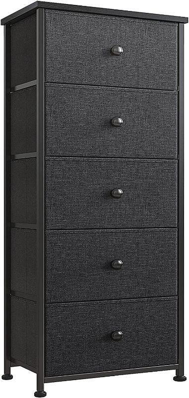 Photo 1 of 5 Drawer Dresser for Bedroom Storage Tower Closet Organizer Vertical Chest Sturdy Steel Frame Tall Dresser Wooden Top Removable Fabric Bins Office Organization(Black Grey) YLZ5B1