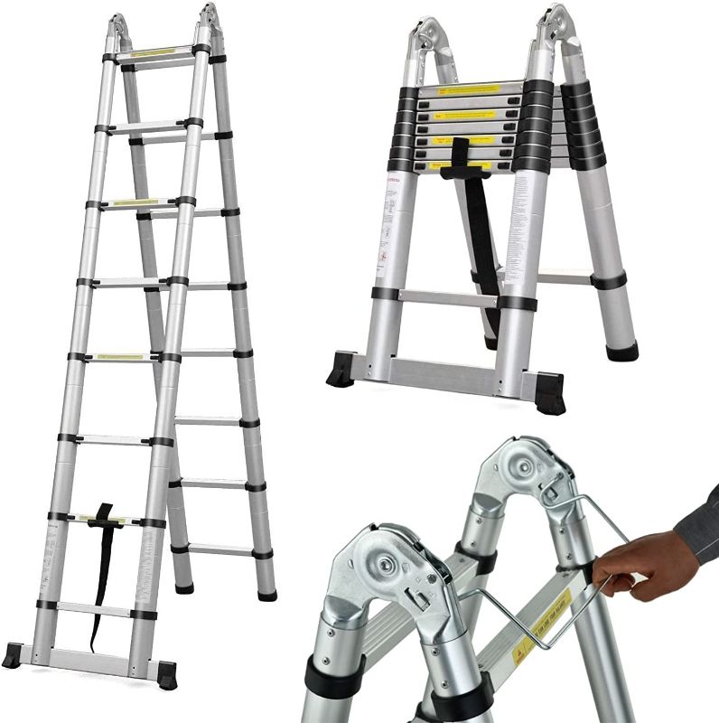Photo 1 of 8.2ft+8.2ft Aluminum Telescoping Extension Ladder 330lbs Max Load Portable Multi-Purpose Extension A-Frame Ladder for Indoors Outdoors with Stabilisator Bar...
