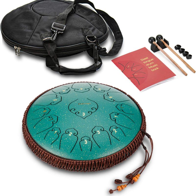 Photo 1 of 14 Inch 15 Note Steel Tongue Drum Percussion Instrument Lotus Hand Pan Drum with Ultra Wide Range and Drum Mallets Carry Ba
