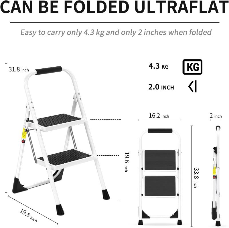 Photo 1 of Step Ladder EFFIELER,2 Step Stool Ergonomic Folding Step Stool with Wide Anti-Slip Pedal 430 lbs Sturdy Step Stool for Adults Multi-Use for Household, Kitchen?Office Step Ladder Stool (White)
