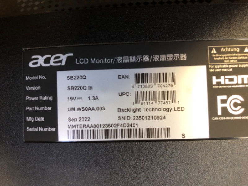 Photo 5 of Acer 21.5 Inch Full HD (1920 x 1080) IPS Ultra-Thin Zero Frame Computer Monitor (HDMI & VGA Port), SB220Q bi