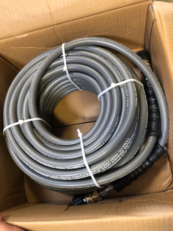 Photo 2 of YAMATIC Pressure Washer Hose 3/8" 100 FT, Pro-Flexible Swivel 3/8" Quick Connect with M22-14mm Adapters, Tensile Wire Braided Hot & Cold Water Replacement/Extension for Power Washers, 4200 PSI,Grey
