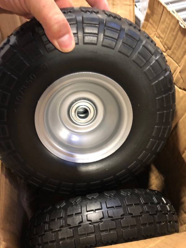 Photo 2 of 4 Pcs 10" Flat Free Tires Solid Non-inflated Tires Wheels, 4.10/3.50-4 Tire with 5/8 Ball Bearings, 2.24" Offset Hub for Wheelbarrow, Garden Wagon Carts, Trolley, Hand Truck, Various Tool Carts 4Pcs 10In 4.10/3.50-4