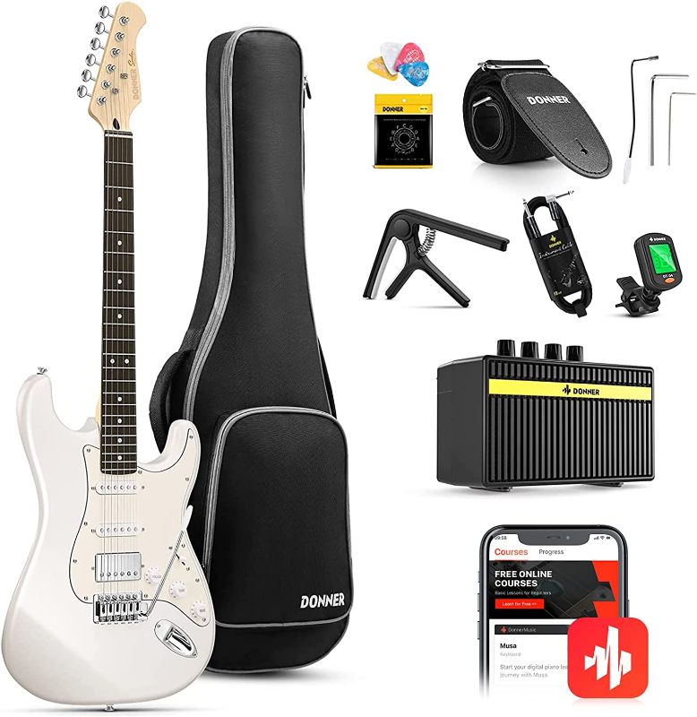 Photo 1 of Donner Electric Guitar, DST-152 39" Electric Guitar Starter Kit HSS Pickup Coil Split, with Amp, Bag, Accessories, Polar White
