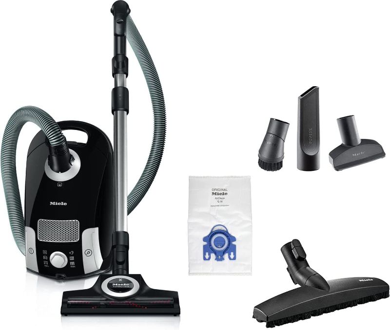 Photo 1 of Miele Compact C1 Turbo Team Bagged Canister Vacuum, Obsidian Black with STB 305-3 TurboTeQ Flooread, SBB Parquet-3 Floorhead, Dusting Brush, Crevice Tool and Upholstery Tool (6 Items)

