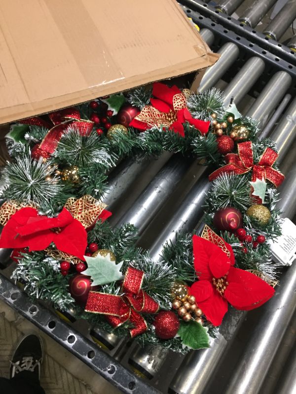 Photo 2 of 22 Inch Pre-lit Christmas Wreath Decoration, Traditional Red and Gold, Lighted Xmas Wreaths with Poinsettia, Ribbon, Berries, Ball Ornaments, Battery Operated 20 LED Lights, for Home Indoor/Outdoor