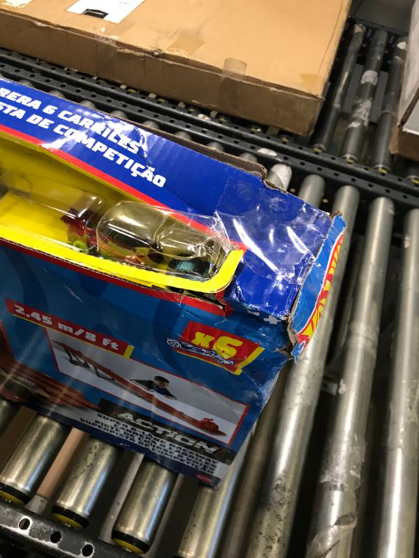 Photo 3 of ?Hot Wheels Track Set with 6 1:64 Scale Toy Cars and 6-Lane Race Track, Includes Track Storage and Lights and Sounds, Super 6-Lane Raceway ???-- DAMAGED PACKAGING