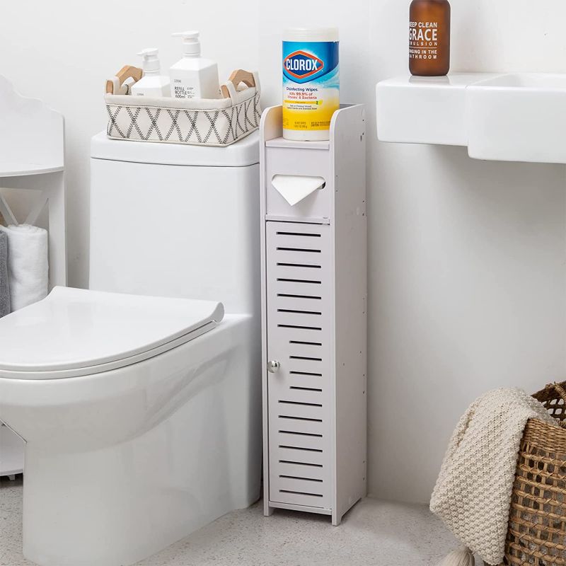 Photo 1 of AOJEZOR Small Bathroom Storage Corner Floor Cabinet with Doors and Shelves,Thin Toilet Vanity Cabinet,Narrow Bath Sink Organizer,Towel Storage Shelf for Paper Holder,White 31.5"H Thick Cloud White