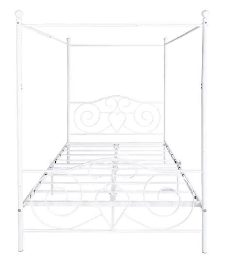 Photo 1 of 61 in. W White Frame Metal Queen-Size Canopy Bed with Vintage Style Headboard and Footboard Easy Assembly for Bedroom
