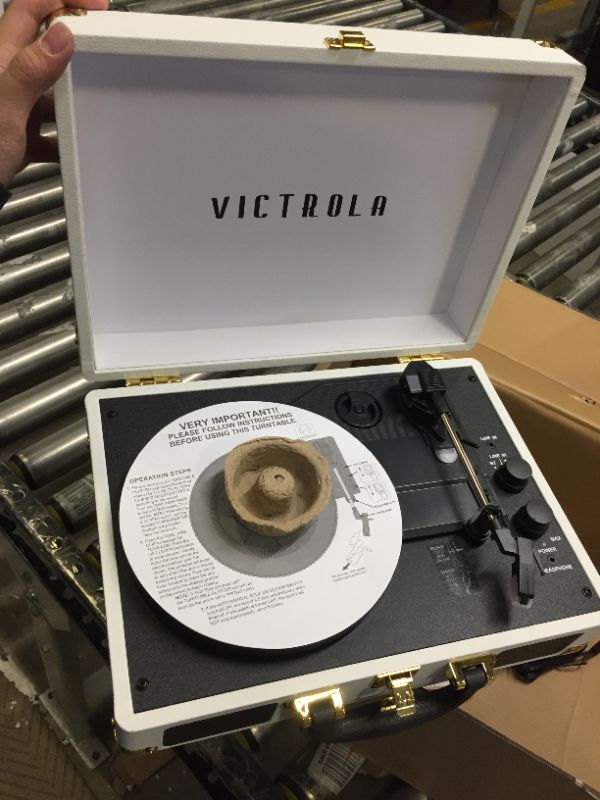 Photo 3 of Victrola Vintage 3-Speed Bluetooth Portable Suitcase Record Player with Built-in Speakers | Upgraded Turntable Audio Sound| White (VSC-550BT-WH) White Record Player