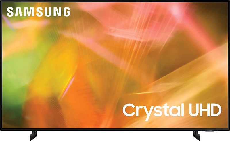 Photo 1 of SAMSUNG 75-Inch Class Crystal UHD AU8000 Series - 4K UHD HDR Smart TV, TV Only, Black
 DAMAGED, DISCOLORATION ON BOTTOM OF SCREEN, MISSING CORD 
