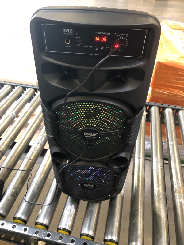 Photo 3 of Pyle Portable Bluetooth PA Speaker System - 600W Rechargeable Outdoor Bluetooth Speaker Portable PA System w/ Dual 8” Subwoofer 1” Tweeter, Microphone In, Party Lights, USB, Radio, Remote - PPHP2835B, MISSING REMOTE 