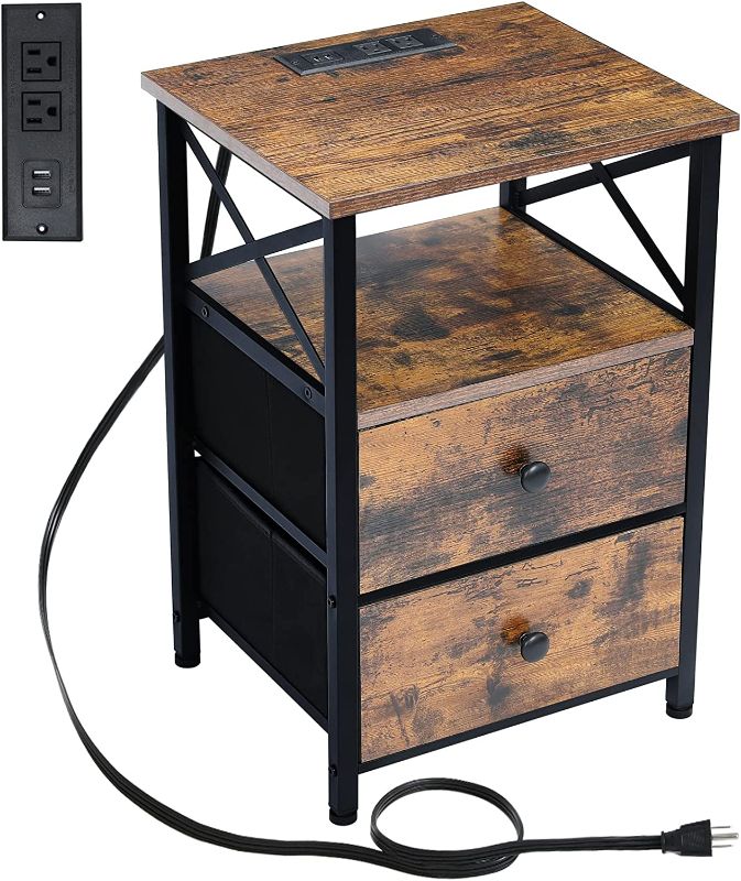 Photo 1 of AMHANCIBLE End Table Living Room with Charging Station, Side Table with Fabric Drawer, Small Side Table with USB Ports and Outlets for Small Spaces Rustic Brown and Black
