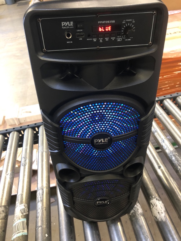 Photo 3 of Pyle Portable Bluetooth PA Speaker System - 600W Rechargeable Outdoor Bluetooth Speaker Portable PA System w/ Dual 8” Subwoofer 1” Tweeter, Microphone In, Party Lights, USB, Radio, Remote - PPHP2835B