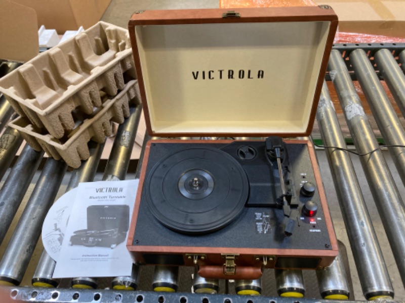 Photo 2 of Victrola Vintage 3-Speed Bluetooth Portable Suitcase Record Player with Built-in Speakers | Upgraded Turntable Audio Sound| Includes Extra Stylus | Brown Brown Record Player