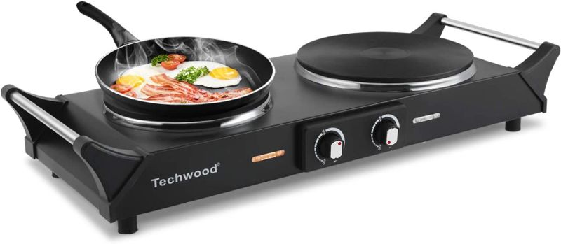 Photo 1 of Techwood 1800W Hot Plate Portable Electric Stove Countertop Double Burner with Adjustable Temperature & Stay Cool Handles, 7.5” Cooktop for RV/Home/Camp, Compatible for All Cookwares
