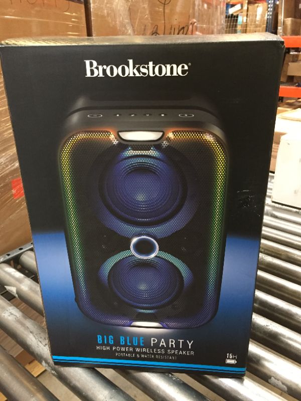 Photo 5 of Brookstone Big Blue Go 60 Watt Wireless Indoor Outdoor Portable Speaker, Built in Qi Charging Pad, LED Light Show, Bluetooth 5.0, IPX5 Water Resistant, Tap to Link Multiple Speakers, Karaoke Mic Input