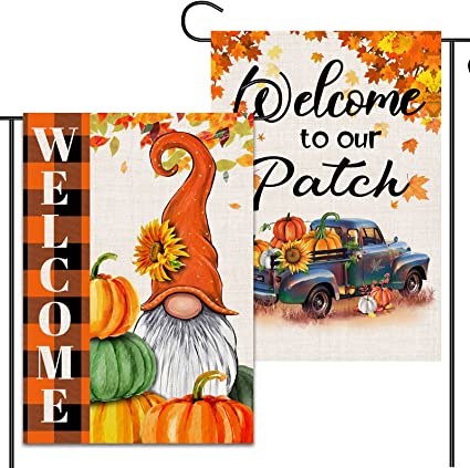 Photo 1 of 2 Pcs Harvest Fall Garden Flags 12x18 Double Sided, Burlap Pumpkin Truck And Buffalo Plaid Gnome Thanksgiving Garden Flags
