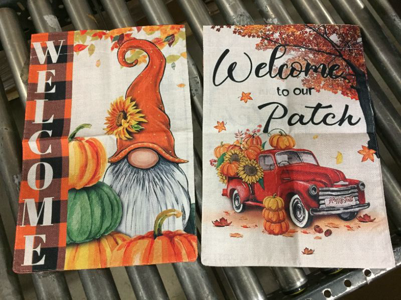 Photo 2 of 2 Pcs Harvest Fall Garden Flags 12x18 Double Sided, Burlap Pumpkin Truck And Buffalo Plaid Gnome Thanksgiving Garden Flags
