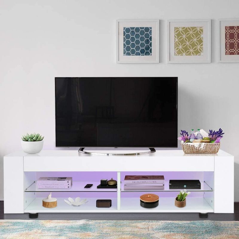 Photo 1 of Estink TV Stand with LED Light, Modern High Gloss Entertainment Center Media Stand Glossy TV Console Stand with 4 Open Storage Shelf for Home Living Room Furniture, White
