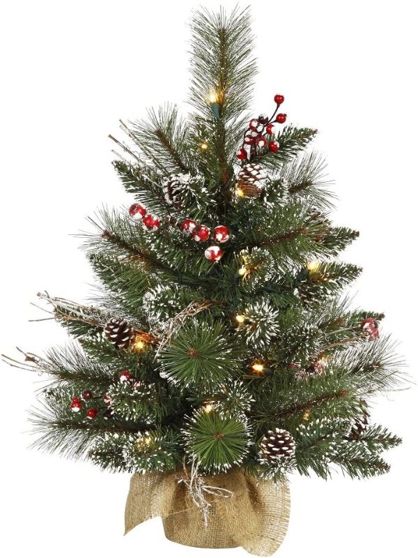 Photo 1 of 2' Snow Tipped Pine and Berry Artificial Christmas Tree, Clear Dura-lit Lights, Seasonal Indoor Home Decor with Decorative Burlap Base