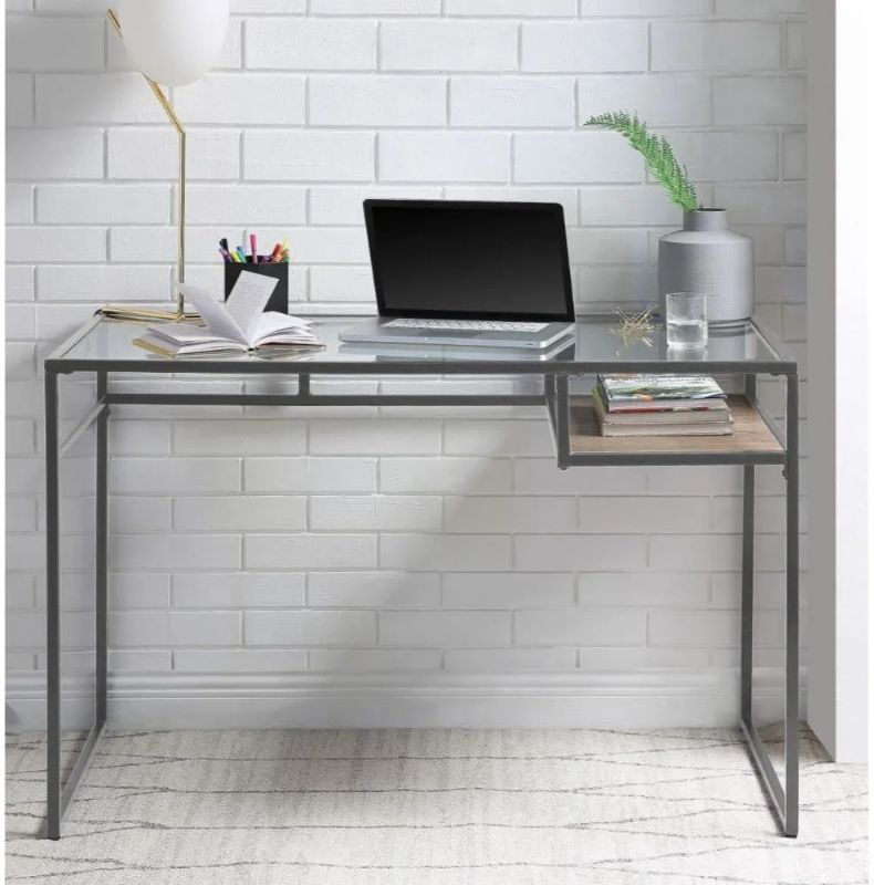 Photo 1 of ICE ARMOR AM9992588 Modern Clear Glass Writing Desk with Wooden Shelf Open Compartment and Metal Sled Base Computer Laptop Table in Grey Finish